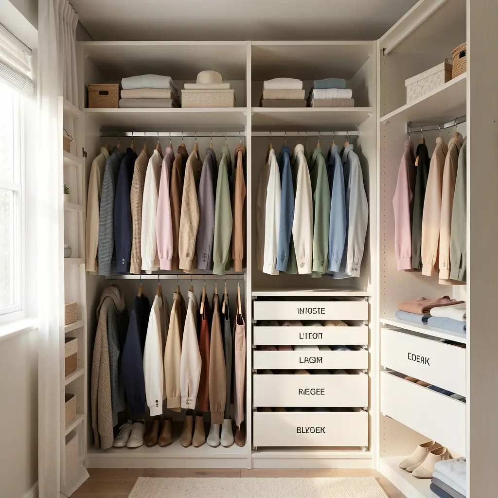 Neatly organised wardrobe with colour-coordinated clothing