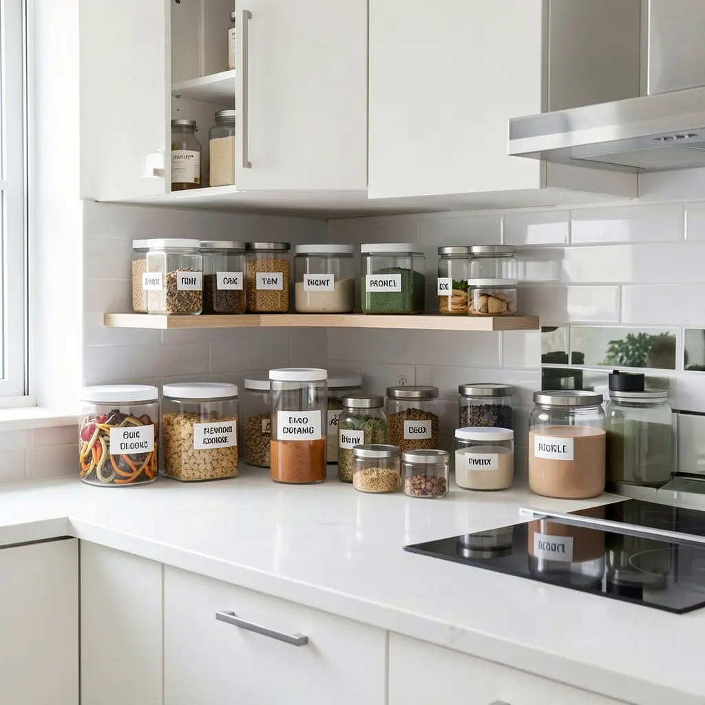 Well-organised modern kitchen with labelled containers and clear surfaces