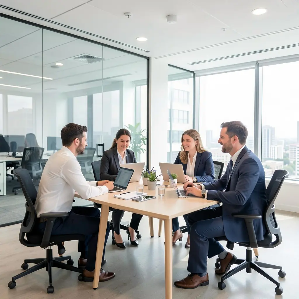 Professional organisation team collaborating in a modern workspace